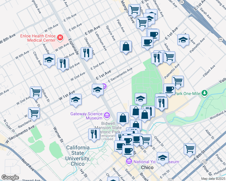 map of restaurants, bars, coffee shops, grocery stores, and more near 179 East Washington Avenue in Chico