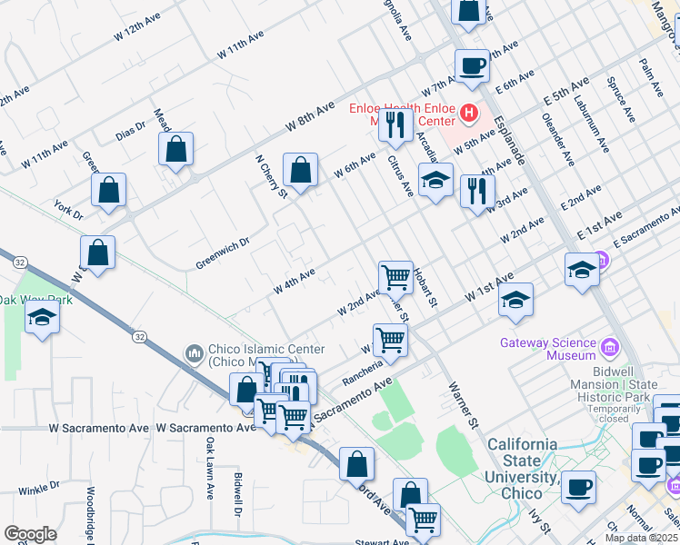 map of restaurants, bars, coffee shops, grocery stores, and more near 725 West 4th Avenue in Chico