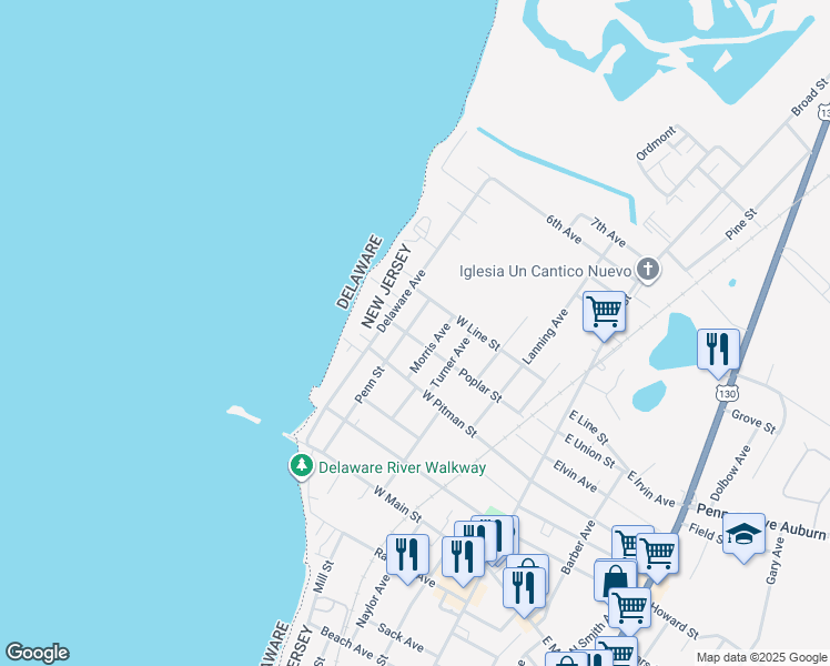 map of restaurants, bars, coffee shops, grocery stores, and more near 101 Penn Street in Penns Grove