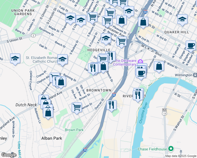 map of restaurants, bars, coffee shops, grocery stores, and more near 805 Anchorage Street in Wilmington