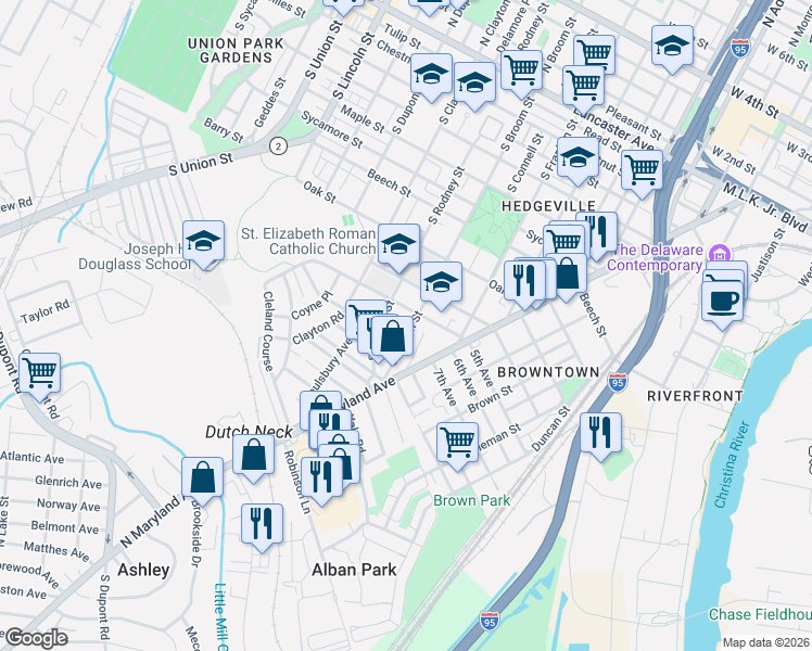 map of restaurants, bars, coffee shops, grocery stores, and more near 1401 Saint Elizabeth Street in Wilmington