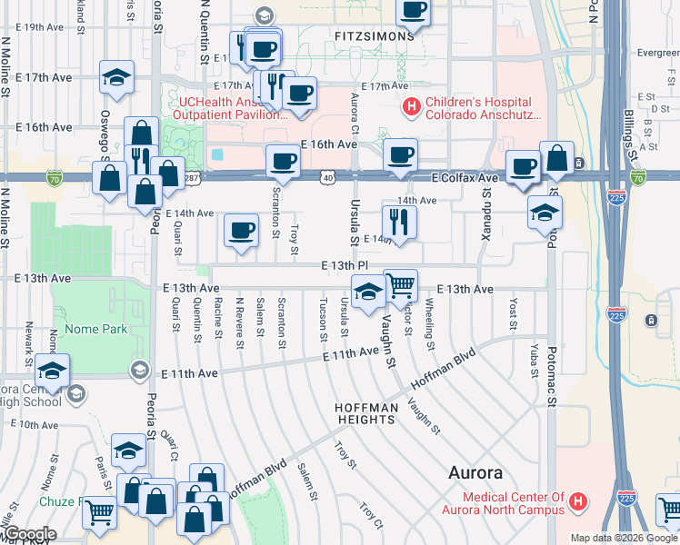 map of restaurants, bars, coffee shops, grocery stores, and more near 13005 East 13th Avenue in Aurora