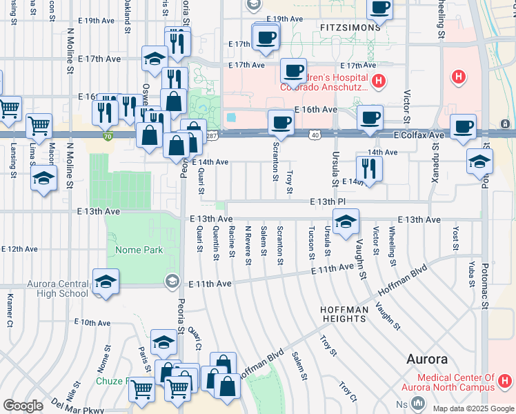 map of restaurants, bars, coffee shops, grocery stores, and more near 12565 East 13th Avenue in Aurora