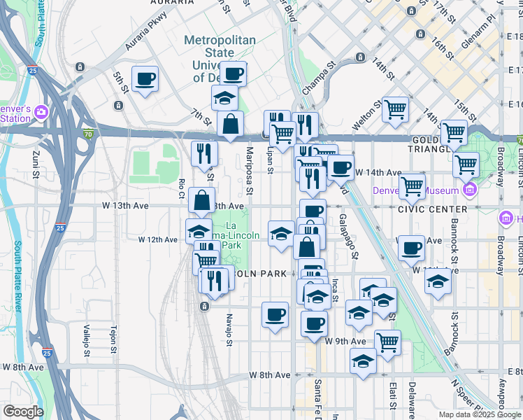 map of restaurants, bars, coffee shops, grocery stores, and more near 1118 West 13th Avenue in Denver