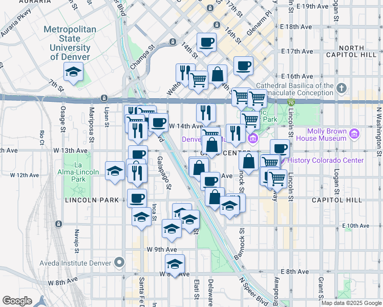 map of restaurants, bars, coffee shops, grocery stores, and more near 478 West 13th Avenue in Denver