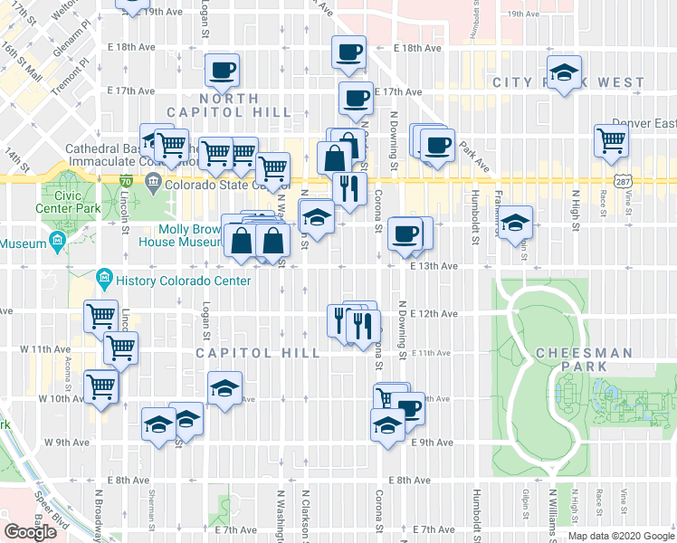 map of restaurants, bars, coffee shops, grocery stores, and more near 912 East 13th Avenue in Denver