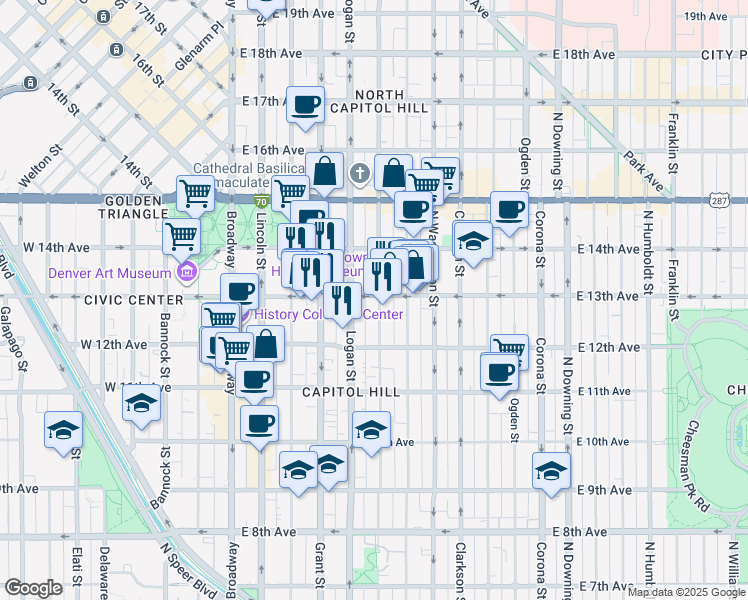 map of restaurants, bars, coffee shops, grocery stores, and more near 1250 Logan Street in Denver