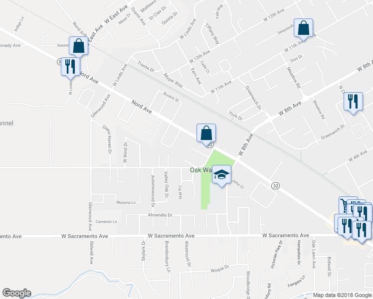 map of restaurants, bars, coffee shops, grocery stores, and more near 1943 Roseleaf Court in Chico