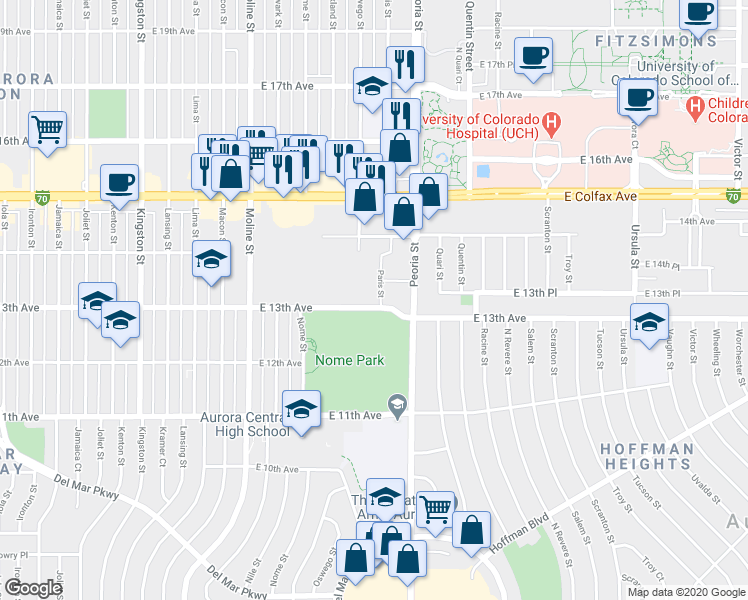 map of restaurants, bars, coffee shops, grocery stores, and more near 12001 East 13th Avenue in Aurora