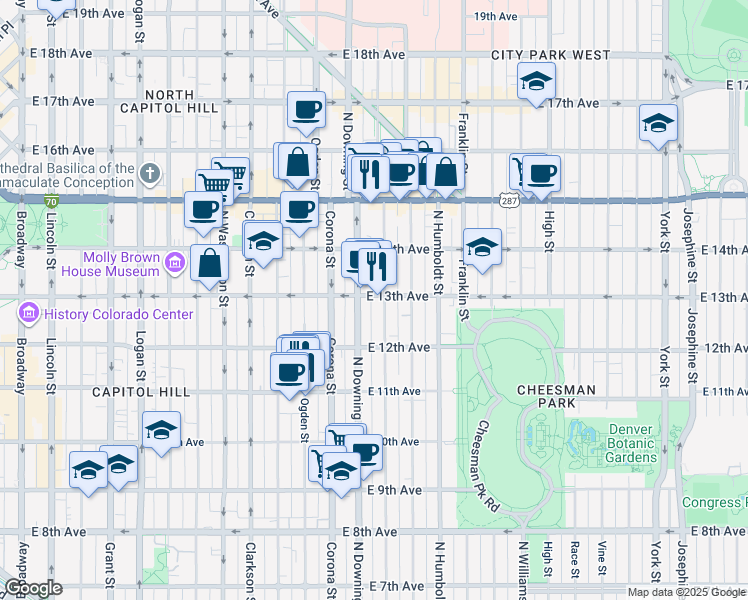 map of restaurants, bars, coffee shops, grocery stores, and more near 1224 East 13th Avenue in Denver
