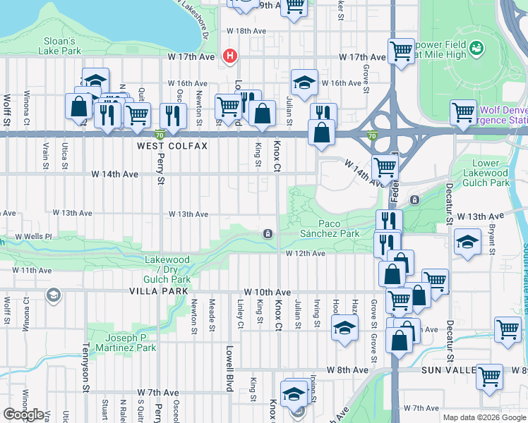 map of restaurants, bars, coffee shops, grocery stores, and more near 3485 West 13th Avenue in Denver