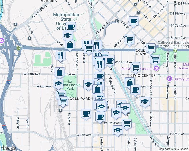 map of restaurants, bars, coffee shops, grocery stores, and more near 1266 Kalamath Street in Denver