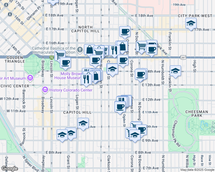 map of restaurants, bars, coffee shops, grocery stores, and more near 1262 North Clarkson street in Denver