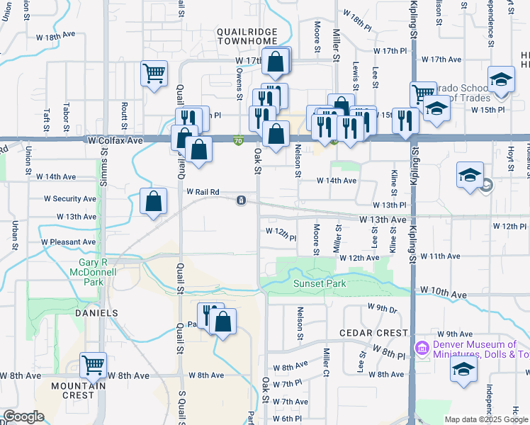 map of restaurants, bars, coffee shops, grocery stores, and more near 10791 West 13th Avenue in Denver