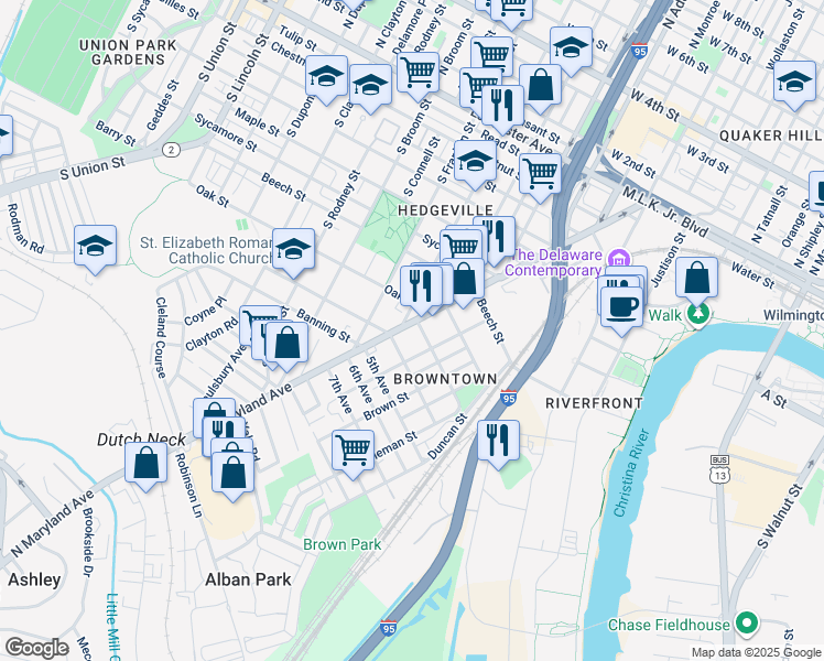 map of restaurants, bars, coffee shops, grocery stores, and more near 906 Maryland Avenue in Wilmington