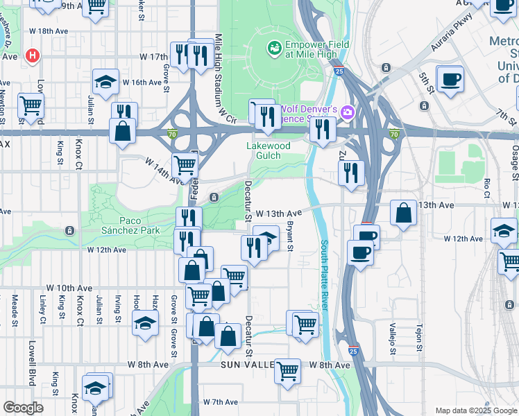 map of restaurants, bars, coffee shops, grocery stores, and more near 2797 West 13th Avenue in Denver
