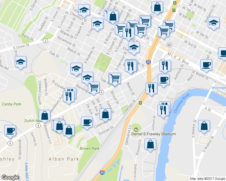map of restaurants, bars, coffee shops, grocery stores, and more near 3 Stroud Street in Wilmington