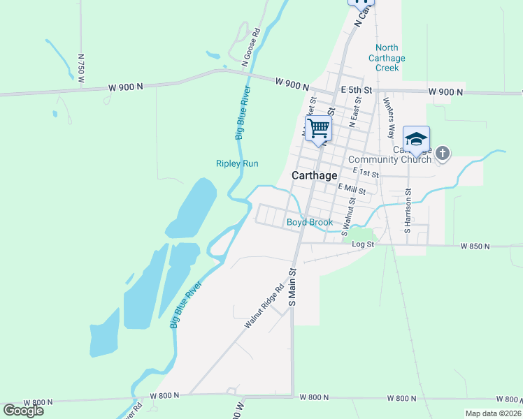 map of restaurants, bars, coffee shops, grocery stores, and more near 108 Clark Street in Carthage