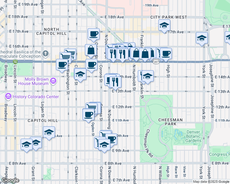 map of restaurants, bars, coffee shops, grocery stores, and more near 1270 North Marion Street in Denver
