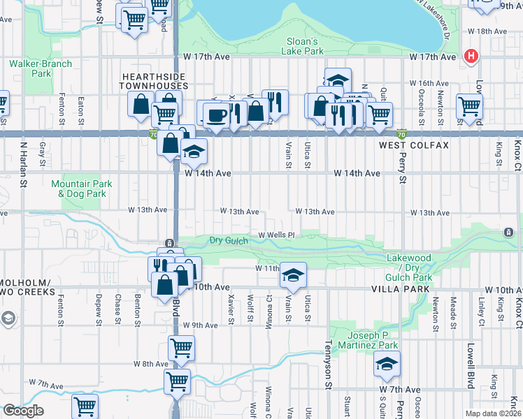 map of restaurants, bars, coffee shops, grocery stores, and more near 4708 West 13th Avenue in Denver