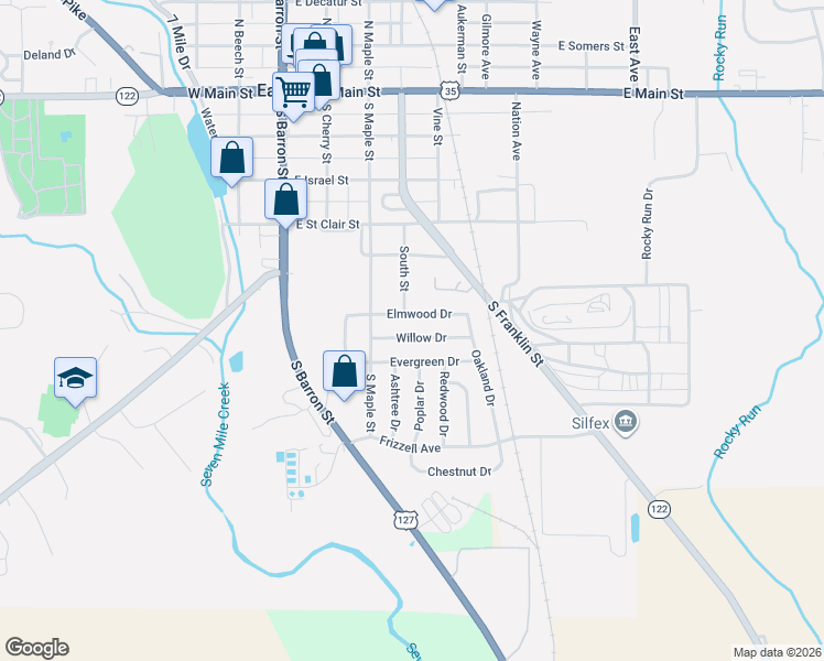 map of restaurants, bars, coffee shops, grocery stores, and more near 401 Willow Drive in Eaton