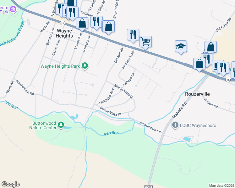 map of restaurants, bars, coffee shops, grocery stores, and more near 13499 Linda Lane in Waynesboro