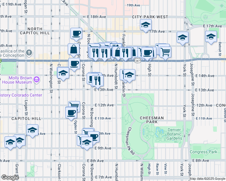 map of restaurants, bars, coffee shops, grocery stores, and more near 1285 North Humboldt Street in Denver
