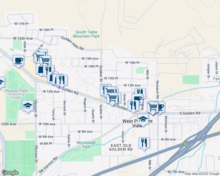 map of restaurants, bars, coffee shops, grocery stores, and more near 16230 West 13th Avenue in Golden