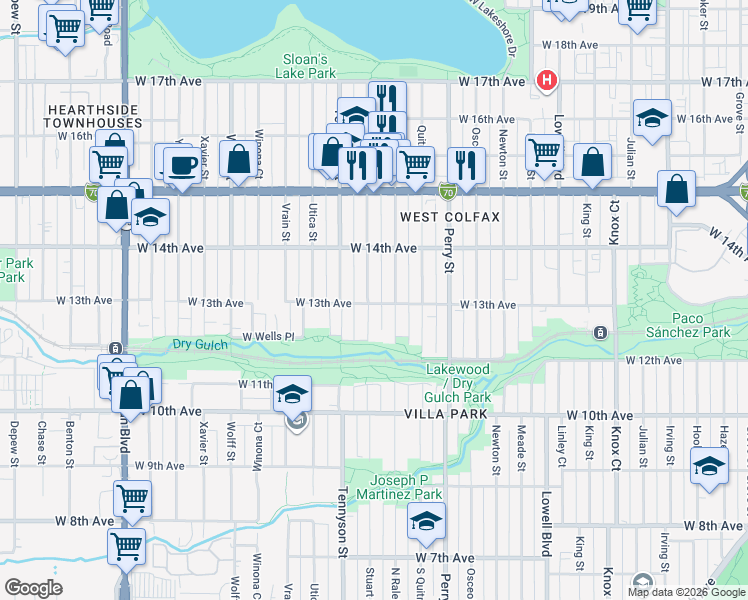 map of restaurants, bars, coffee shops, grocery stores, and more near 1300 Stuart Street in Denver