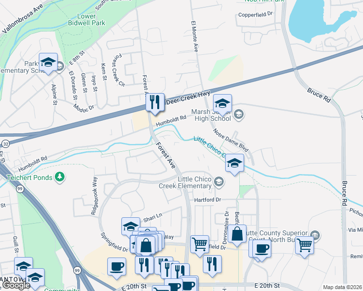 map of restaurants, bars, coffee shops, grocery stores, and more near 1661 Forest Avenue in Chico