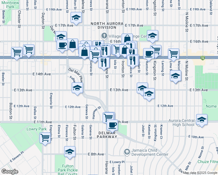 map of restaurants, bars, coffee shops, grocery stores, and more near 1275 Iola Street in Aurora
