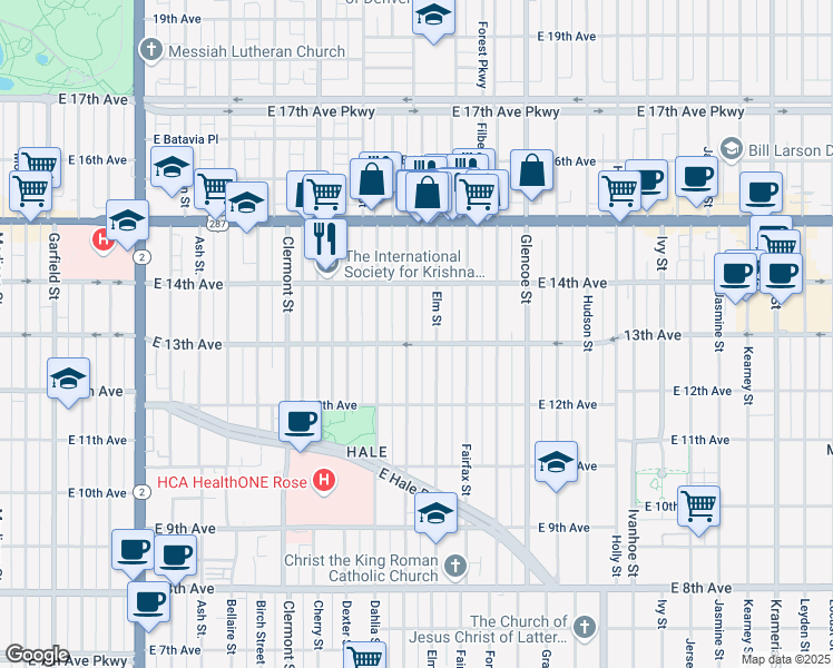 map of restaurants, bars, coffee shops, grocery stores, and more near 1295 Elm Street in Denver