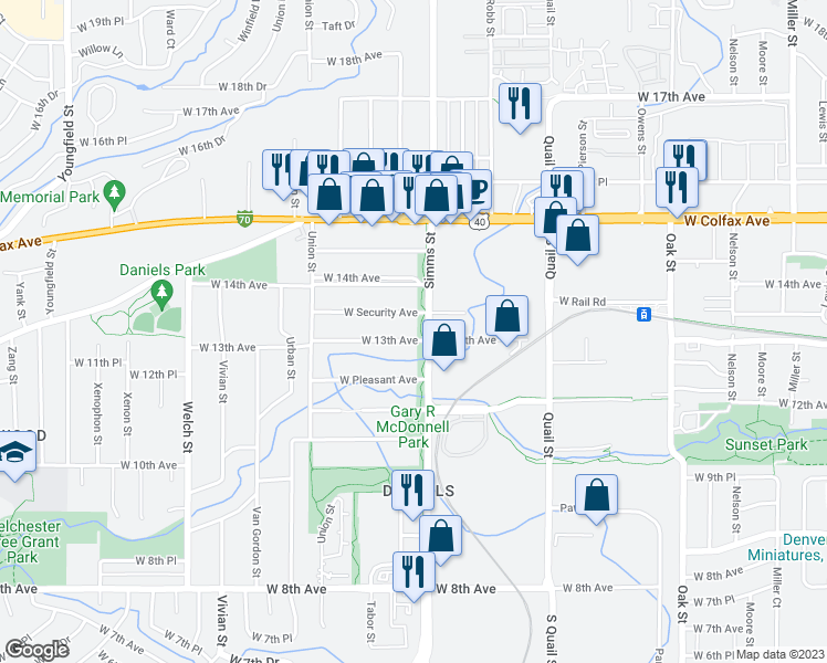 map of restaurants, bars, coffee shops, grocery stores, and more near 11633 West 13th Avenue in Golden