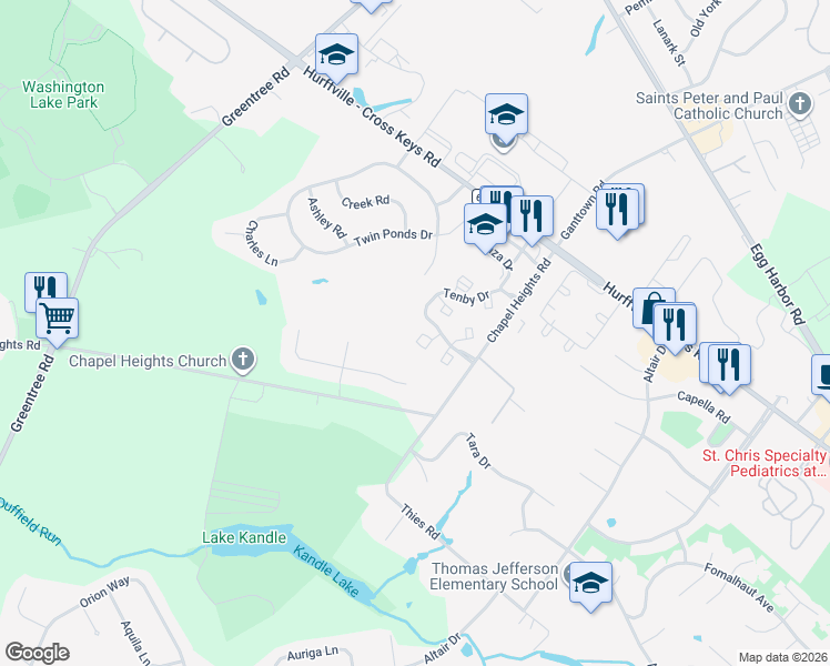 map of restaurants, bars, coffee shops, grocery stores, and more near 15 Harrogate Court in Washington Township