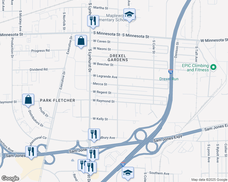 map of restaurants, bars, coffee shops, grocery stores, and more near 5114 West Regent Street in Indianapolis