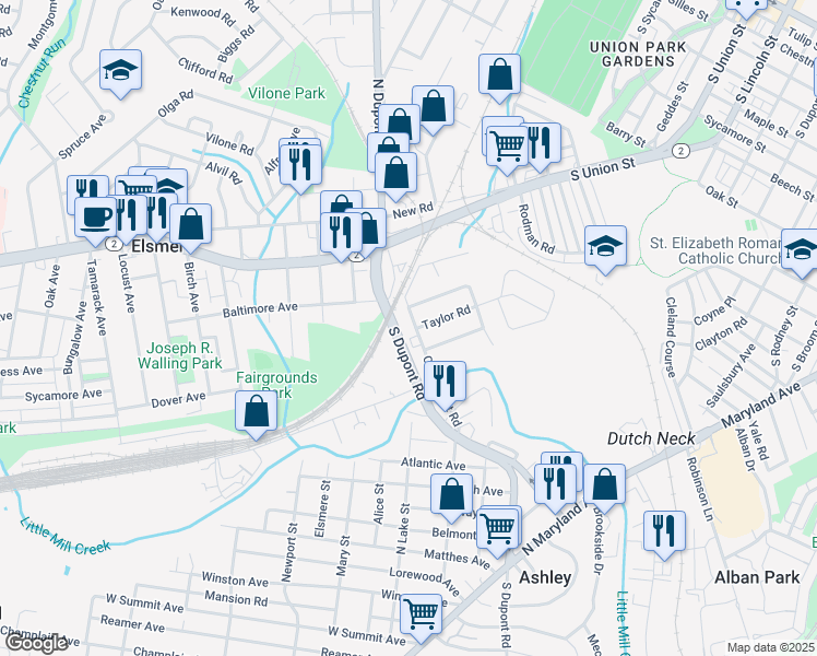 map of restaurants, bars, coffee shops, grocery stores, and more near 301 Old Dupont Road in Wilmington