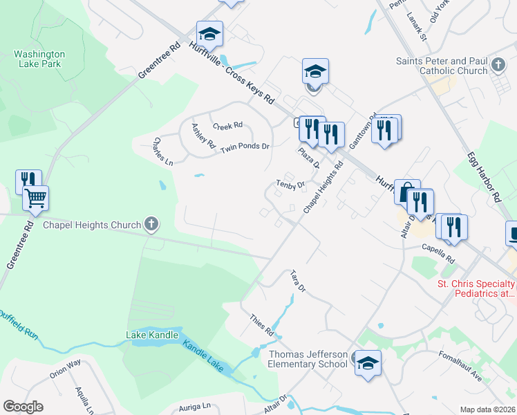 map of restaurants, bars, coffee shops, grocery stores, and more near 15 Harrogate Court in Washington Township