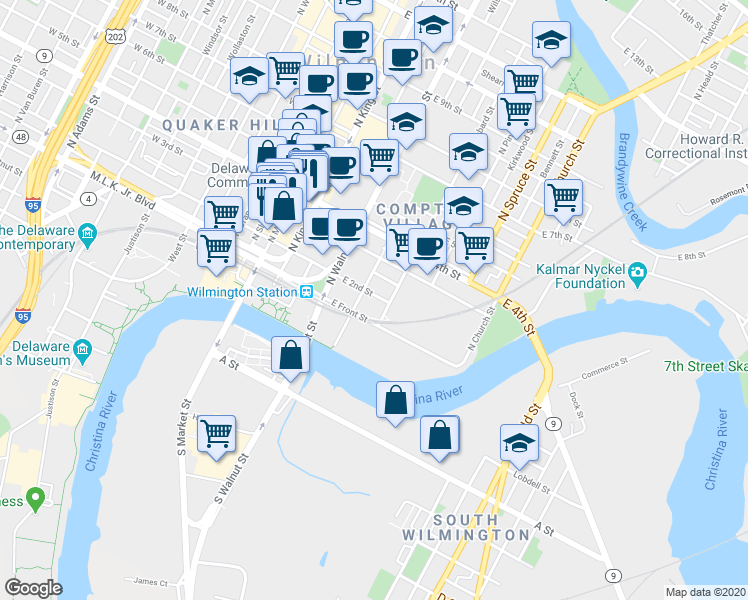 map of restaurants, bars, coffee shops, grocery stores, and more near 110 Poplar Street in Wilmington