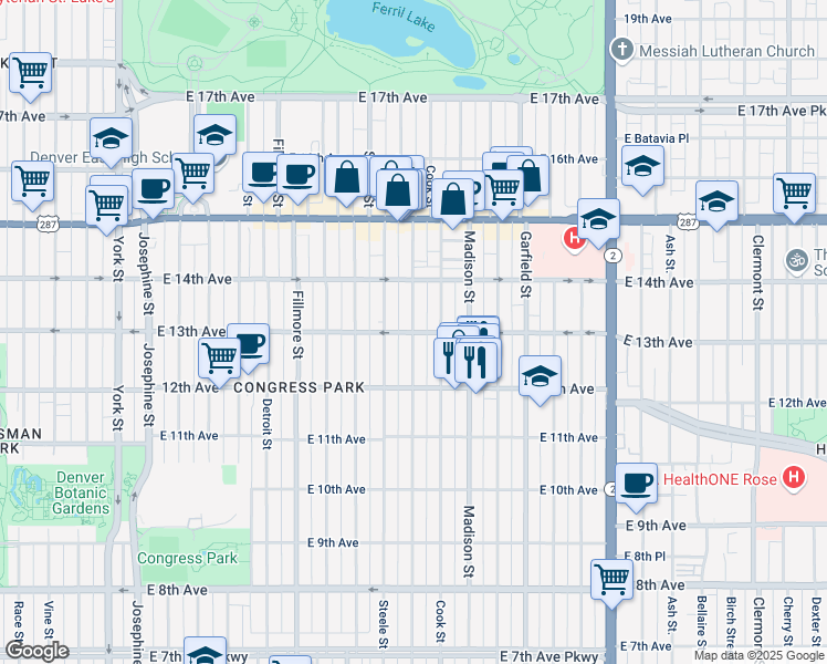 map of restaurants, bars, coffee shops, grocery stores, and more near East 13th Avenue & Adams Street in Denver
