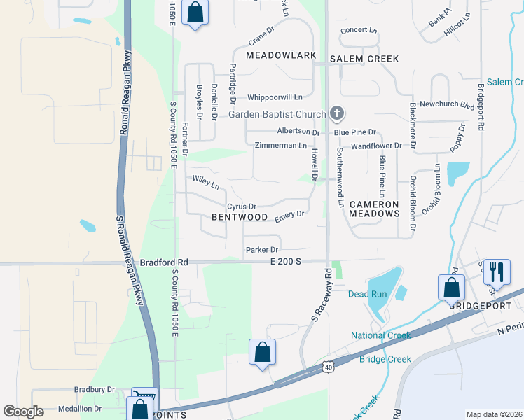 map of restaurants, bars, coffee shops, grocery stores, and more near 10766 Emery Drive in Indianapolis