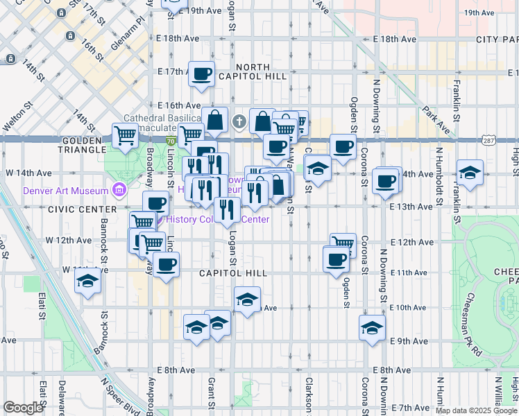 map of restaurants, bars, coffee shops, grocery stores, and more near in Denver