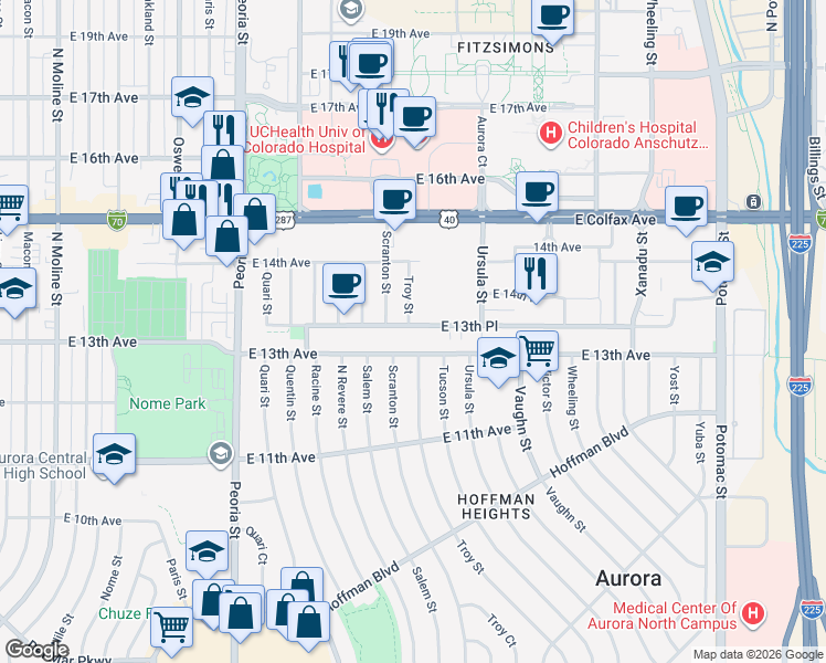 map of restaurants, bars, coffee shops, grocery stores, and more near 12705 East 13th Avenue in Aurora