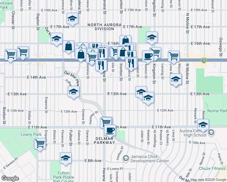 map of restaurants, bars, coffee shops, grocery stores, and more near in Aurora