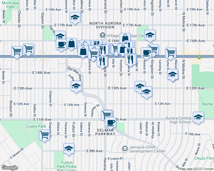 map of restaurants, bars, coffee shops, grocery stores, and more near 1275 Iola Street in Aurora