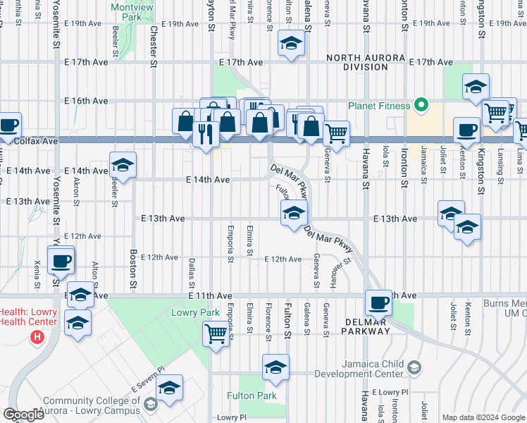 map of restaurants, bars, coffee shops, grocery stores, and more near 1300 Elmira Street in Aurora