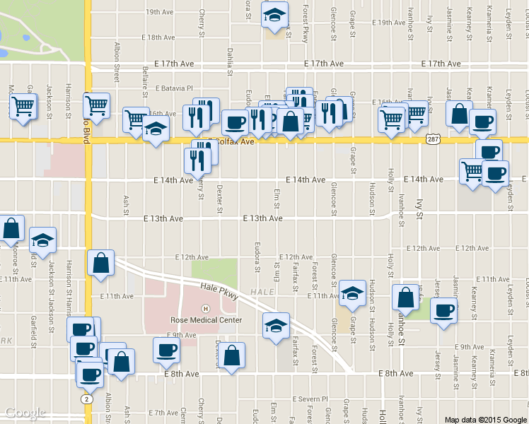 map of restaurants, bars, coffee shops, grocery stores, and more near 1295 Elm Street in Denver