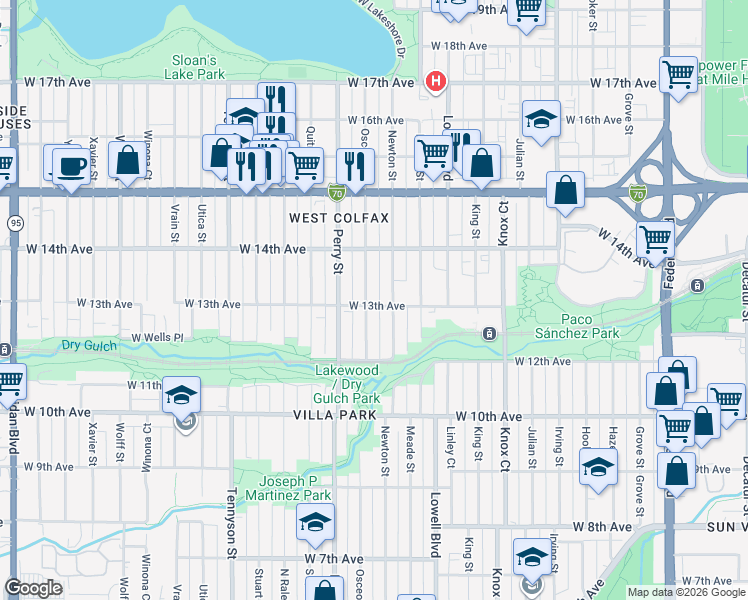map of restaurants, bars, coffee shops, grocery stores, and more near 3848 West 13th Avenue in Denver