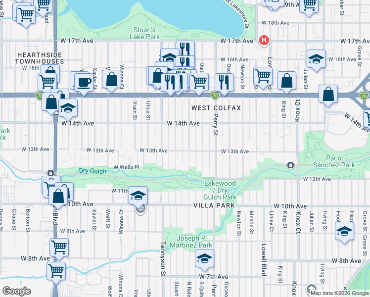 map of restaurants, bars, coffee shops, grocery stores, and more near 1297 Raleigh Street in Denver