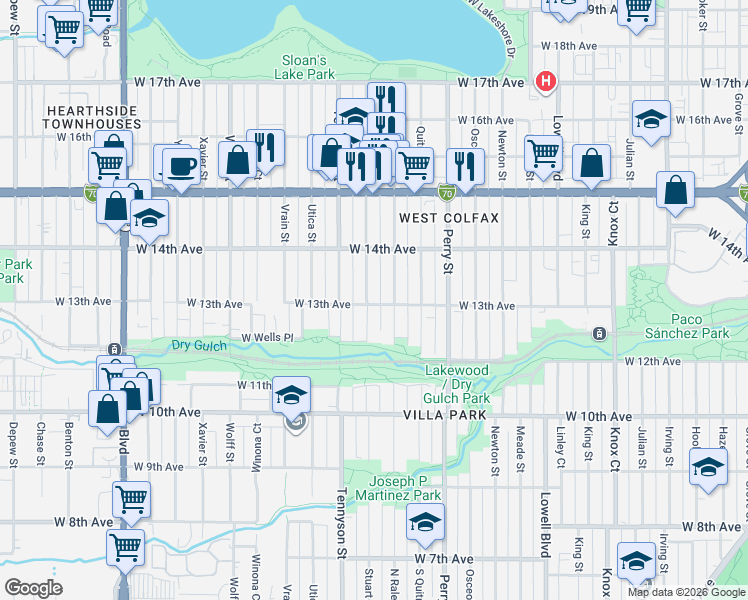 map of restaurants, bars, coffee shops, grocery stores, and more near 1297 Raleigh Street in Denver