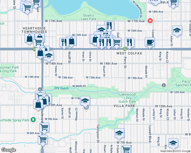 map of restaurants, bars, coffee shops, grocery stores, and more near 4444 West 13th Avenue in Denver